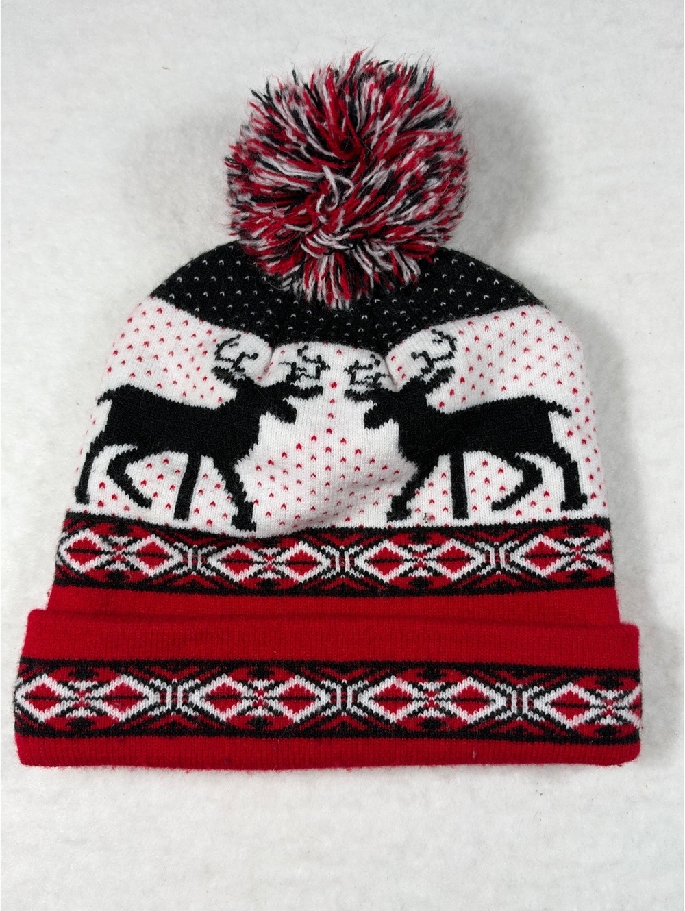 Winter Knit Beanie Hat with Reindeer Pattern and Pom Pom